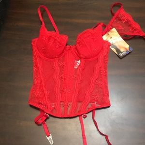 Red lace corset with lace thong